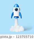 3D cartoon blue and white rocket launch into the sky with white smoke. Design element for technology, startup, innovation, business growth and space exploration concepts. Vector illustration render. 123703710