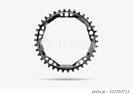 Black round bicycle chainring against white isolated background, floating above the surface. Professional bicycle part. 123703712