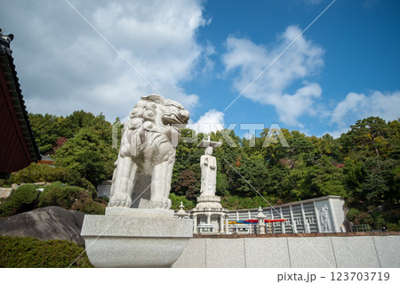 Mireuk Daebul statue of the bodhisattva Maitreya at Bongeunsa Temple, a Buddhist temple in Seoul. With background of autumn leaves. 123703719