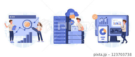Big Data and Cloud Computing illustration set. Business characters using remote servers to analyzing large sets of data and recognizing mistakes. Actionable data concept. Vector illustration. 123703738