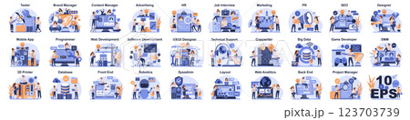 Big IT profession collection. Programmer write software and create code for computer. Coding script for project and app. Digital technology for website, interface and devices. Vector illustration. Big IT profession collection. Programmer write software and create code for computer. Coding script for project and app. Digital technology for website, interface and devices. Vector illustration. 123703739