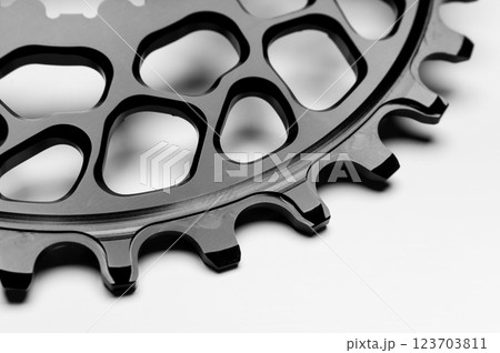 Close up of a black oval bicycle chainring against white isolated background. Professional bicycle part. Close up of a black oval bicycle chainring against white isolated background. Professional bicycle part. 123703811