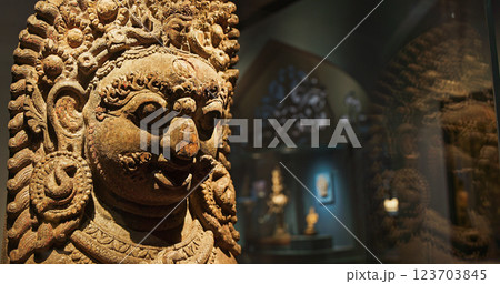 Bhairava, Popular God In Nepal, Is Ferocious Form Of Shiva. Wooden Statue Of Mahabhairava. He Assumes This Form To Destroy Evil. Large And Impressive Heads Of Bhairava Adorning The Entrances Of Bhairava, Popular God In Nepal, Is Ferocious Form Of Shiva. Wooden Statue Of Mahabhairava. He Assumes This Form To Destroy Evil. Large And Impressive Heads Of Bhairava Adorning The Entrances Of 123703845