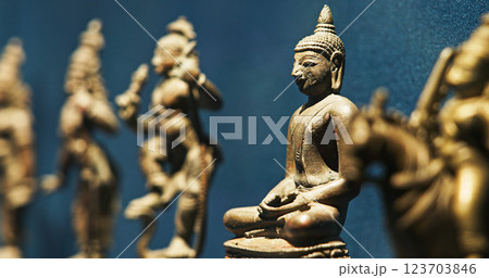 Row Of Old Ancient Bronze Figurines Of Indian Deities And Avatars. 18-19th Century Ce. Close-up View On Vamana Avatara Row Of Old Ancient Bronze Figurines Of Indian Deities And Avatars. 18-19th Century Ce. Close-up View On Vamana Avatara 123703846