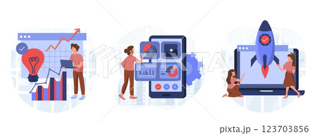 Business illustration set. Characters planning, prototyping and testing startup ideas and analyzing marketing data. Business activities concept. Vector illustration. Business illustration set. Characters planning, prototyping and testing startup ideas and analyzing marketing data. Business activities concept. Vector illustration. 123703856