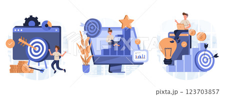 Business goals illustration set. Characters setting task, goal and target to achieve, planning action and way to success. Personal development and self motivation concept. Vector illustration. 123703857