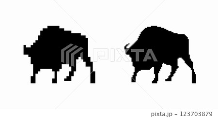 Silhouette of two majestic buffalo walking with graceful stance and strong presence displayed 123703879