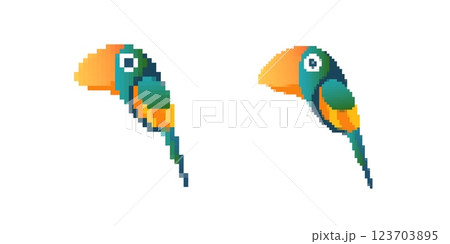 Colorful pixel art parrots with bright feathers in simple digital style illustration 123703895