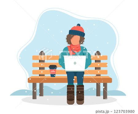 Happy girl sitting on a bench in the winter park. Cartoon vector illustration for public garden, vacation concept.	 123703980
