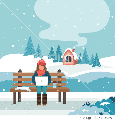 Happy girl sitting on a bench in the winter...のイラスト素材 [123703989] - PIXTA