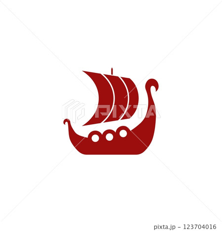 Red Viking ship icon with sails and shields for Nordic themes. 123704016
