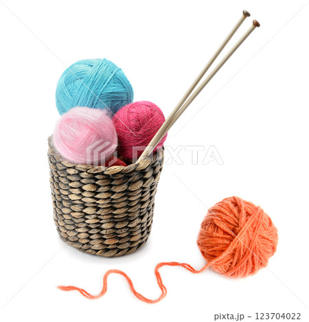 Multicolored balls of yarn and knitting needles isolated on white. Collage. Multicolored balls of yarn and knitting needles isolated on white. Collage. 123704022