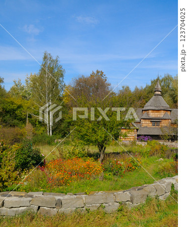 wooden chruch in Pirogovo Village, Ukraine 123704025