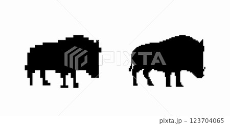 Silhouettes of two bisons standing strongly with distinct figures and unique majestic presence 123704065