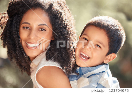 Happy kid, mom and mothers day at park outdoors for love, relax and fun together in Colombia. Smile parent piggyback laughing boy child for happiness, quality time and care in sunshine summer garden Happy kid, mom and mothers day at park outdoors for love, relax and fun together in Colombia. Smile parent piggyback laughing boy child for happiness, quality time and care in sunshine summer garden 123704076