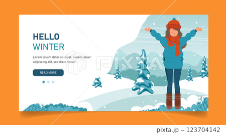 Girl playing with snow in winter. Concept for holidays, winter, Christmas. Cute vector illustration in flat style Girl playing with snow in winter. Concept for holidays, winter, Christmas. Cute vector illustration in flat style 123704142