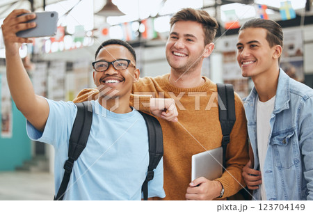 Selfie, university campus and students friends portrait for group networking, social media update or cellphone digital memory. College, school men at education or learning scholarship fair on 5g tech 123704149