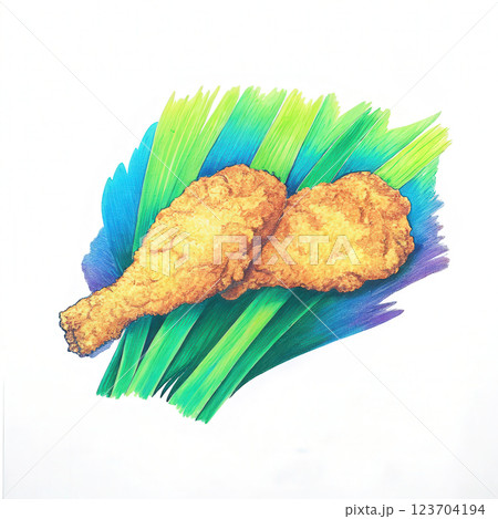 Crispy fried chicken drumsticks on bed of vibrant green leaves, delicious and appetizing Crispy fried chicken drumsticks on bed of vibrant green leaves, delicious and appetizing 123704194