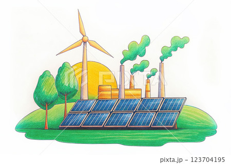 Sustainable energy landscape featuring solar panels, wind turbine, and factories. This illustration highlights green energy 123704195