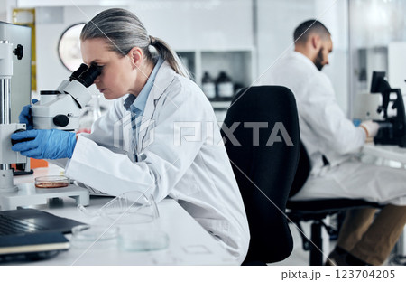 Laboratory woman, microscope or medical research of covid sample, cancer biopsy or DNA engineering analytics. Mature scientist with science equipment, healthcare innovation or insurance medicine idea 123704205