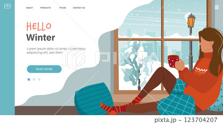Cozy winter illustration with cute girl sitting on a windowsill with a cup, small-knit blanket. Window overlooking the village. Comfortable lifestyle. Flat style template. Girl next to window Cozy winter illustration with cute girl sitting on a windowsill with a cup, small-knit blanket. Window overlooking the village. Comfortable lifestyle. Flat style template. Girl next to window 123704207