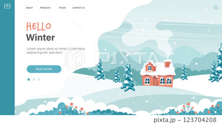 Winter in village holiday template. Winter landscape with cute house and trees, merry Christmas greeting card template. Vector illustration in flat style Winter in village holiday template. Winter landscape with cute house and trees, merry Christmas greeting card template. Vector illustration in flat style 123704208