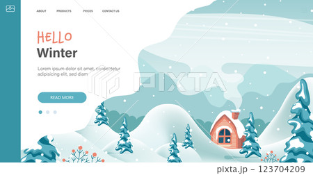 Winter in village holiday template. Winter landscape with cute house and trees, merry Christmas greeting card template. Vector illustration in flat style Winter in village holiday template. Winter landscape with cute house and trees, merry Christmas greeting card template. Vector illustration in flat style 123704209