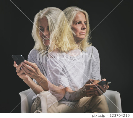 Phone communication, bipolar and senior woman typing on mobile app with mental health problem against a black mockup studio background. Elderly person with schizophrenia, depression or anxiety on web Phone communication, bipolar and senior woman typing on mobile app with mental health problem against a black mockup studio background. Elderly person with schizophrenia, depression or anxiety on web 123704219