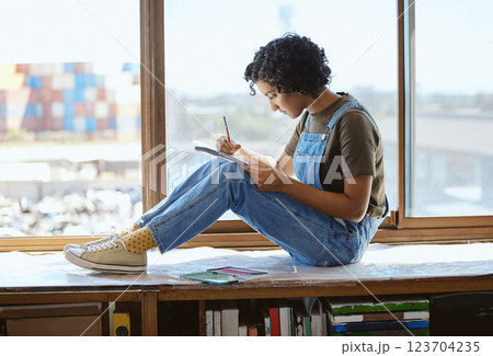 Art student, creative or woman drawing by window in artistic studio, planning innovation painting idea in notebook. Design workshop or designer girl with sketch book for project in New York studio Art student, creative or woman drawing by window in artistic studio, planning innovation painting idea in notebook. Design workshop or designer girl with sketch book for project in New York studio 123704235