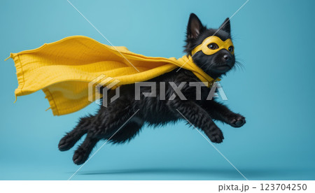 playful black dog in yellow superhero cape and mask, flying joyfully 123704250