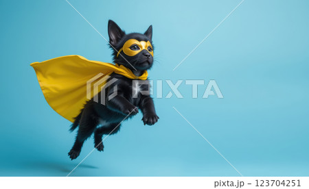 playful black dog in superhero costume, flying against blue background 123704251