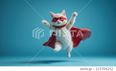 Superhero cat in red cape and mask, jumping against blue background 123704252