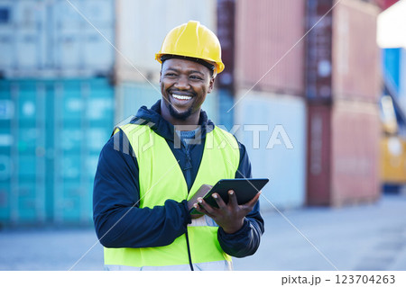 Logistics, tablet and black man shipping cargo on the internet while working at an outdoor warehouse. African industrial engineer thinking of strategy for distribution of stock on the web at a port Logistics, tablet and black man shipping cargo on the internet while working at an outdoor warehouse. African industrial engineer thinking of strategy for distribution of stock on the web at a port 123704263