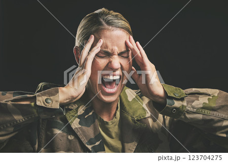 Ptsd, war and mental health with woman soldier suffering from trauma and flashback in a dark studio, stress and anxiety. Psychology, depression and military survivor experience paranoid psychosis 123704275