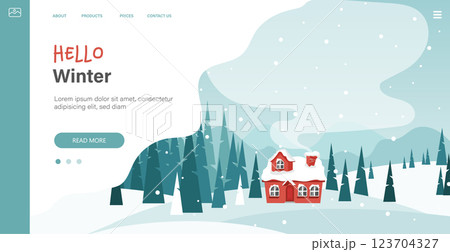 Winter in village holiday template. Winter landscape with cute house and trees, merry Christmas greeting card template. Vector illustration in flat style	 Winter in village holiday template. Winter landscape with cute house and trees, merry Christmas greeting card template. Vector illustration in flat style	 123704327