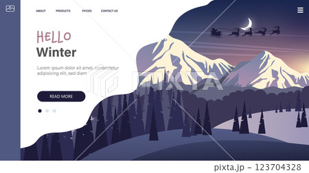 Winter landscape at night with mountains, moon and trees. Hello winter greeting card. Merry Christmas greeting card template. Vector illustration in flat style. Website template 123704328