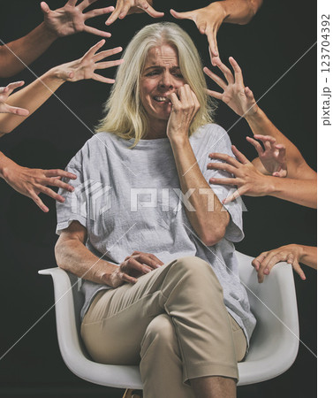 Hands reaching for scared woman, anxiety and mental health horror, fear and psychology on scary dark background. Crying, sad and depression of bipolar, crazy and insomnia person schizophrenia problem Hands reaching for scared woman, anxiety and mental health horror, fear and psychology on scary dark background. Crying, sad and depression of bipolar, crazy and insomnia person schizophrenia problem 123704392