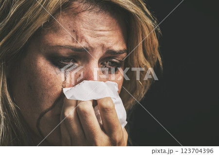 Crying, depression and woman thinking of mental health problem against a black studio background. Face of a sad, frustrated and depressed person with running makeup, anxiety, stress about divorce 123704396