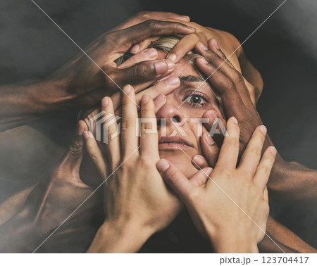 Anxiety, schizophrenia and hands woman with mental health, bipolar and trauma feeling paranoid, hallucination and crazy. Scared, fear and hopeless person with bipolar, psychology and dark thoughts Anxiety, schizophrenia and hands woman with mental health, bipolar and trauma feeling paranoid, hallucination and crazy. Scared, fear and hopeless person with bipolar, psychology and dark thoughts 123704417