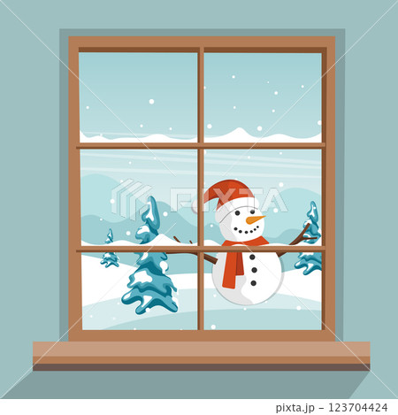 Winter window with view. Hill landscape with snowman and trees. Concept for winter, snow, holiday and Christmas. Cozy vector illustration in flat style Winter window with view. Hill landscape with snowman and trees. Concept for winter, snow, holiday and Christmas. Cozy vector illustration in flat style 123704424