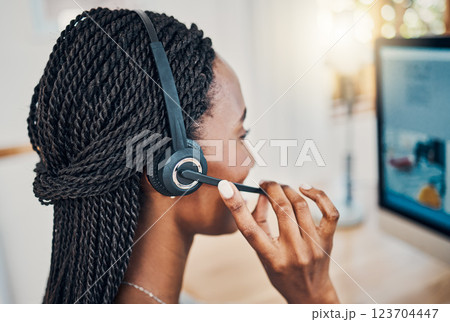 Call center agent, black woman working in customer support in Chicago and business receptionist contact us call. Online crm system, receptionist talking to microphone and service consultant working Call center agent, black woman working in customer support in Chicago and business receptionist contact us call. Online crm system, receptionist talking to microphone and service consultant working 123704447