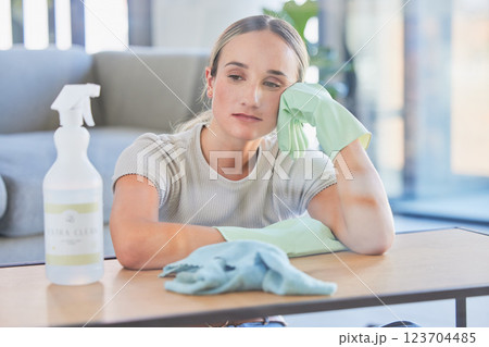 Woman, tired and burnout after cleaning house, office or home with spray, chemical or sanitizer. Cleaner, gloves and table for domestic work, job or service take time to rest, breathe and relax Woman, tired and burnout after cleaning house, office or home with spray, chemical or sanitizer. Cleaner, gloves and table for domestic work, job or service take time to rest, breathe and relax 123704485