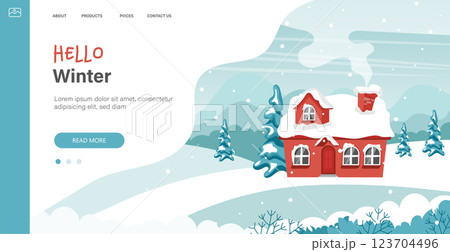 Winter landscape with cute houses and trees, merry Christmas greeting card template. Vector illustration in flat style Winter landscape with cute houses and trees, merry Christmas greeting card template. Vector illustration in flat style 123704496