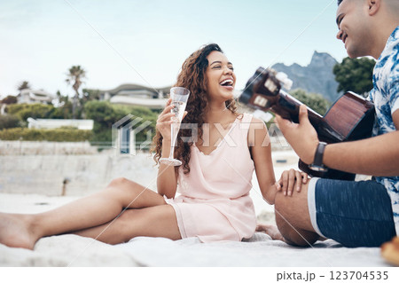 Love, relax and guitar with couple at the beach with champagne on Cancun vacation for travel, summer and music. Happy, holiday and romance with man and woman on sand for date, youth and relationship Love, relax and guitar with couple at the beach with champagne on Cancun vacation for travel, summer and music. Happy, holiday and romance with man and woman on sand for date, youth and relationship 123704535