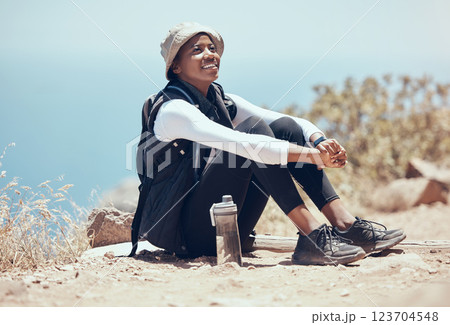 Black woman, view and hiking break on mountains, countryside environment and remote landscape in Namibia. Smile, happy and relax fitness hiker in exercise, training and health workout rest in nature Black woman, view and hiking break on mountains, countryside environment and remote landscape in Namibia. Smile, happy and relax fitness hiker in exercise, training and health workout rest in nature 123704548