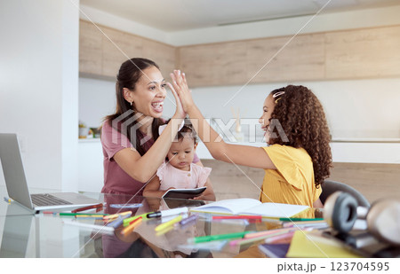 Learning, mother and child high five for home education success for a school students project, task and homework. Smile, celebration and happy mom babysitting a toddler and teaching her creative girl 123704595