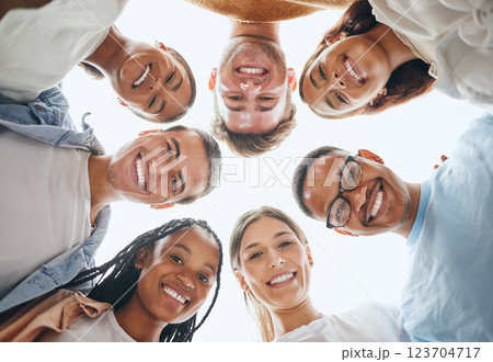 Diversity, group and portrait of people from the bottom with happiness in collaboration outdoors. Team building, community and happy friends with a smile standing and networking in a circle outside. Diversity, group and portrait of people from the bottom with happiness in collaboration outdoors. Team building, community and happy friends with a smile standing and networking in a circle outside. 123704717