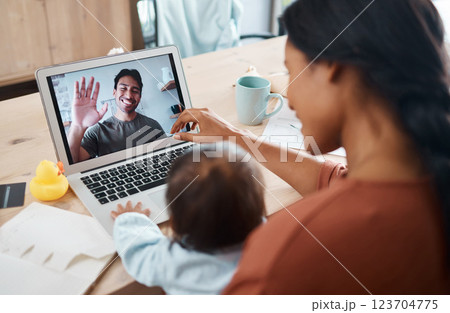 Family on video call, mom and baby happy to see smiling father waving with laptop webcam to talk to each other. Mother, young child talking to dad at work from home and using 5g streaming technology Family on video call, mom and baby happy to see smiling father waving with laptop webcam to talk to each other. Mother, young child talking to dad at work from home and using 5g streaming technology 123704775