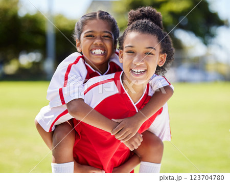 Children friends, girl team and happy sports athlete kids together having fun. Teamwork, happiness and kid smile portrait on a workout, youth fitness and exercise before a game on a outdoor field 123704780