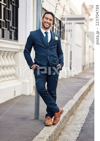 Happy, city and portrait of man for wedding, romantic celebration and ceremony in city. Fashion, suit and groom in town excited for marriage, commitment and relationship for love and partnership Happy, city and portrait of man for wedding, romantic celebration and ceremony in city. Fashion, suit and groom in town excited for marriage, commitment and relationship for love and partnership 123704789